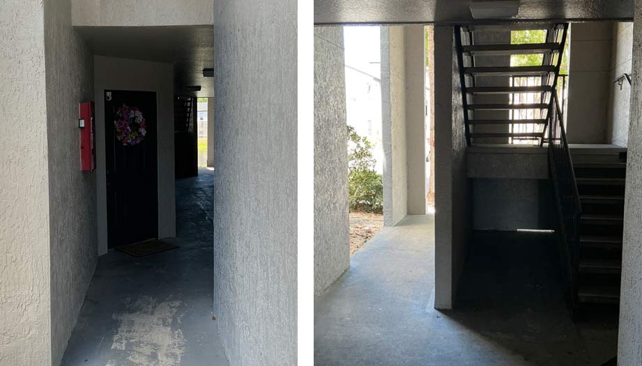 Enclosed breezeway and recessed stairwell designs restricting visibility at building entrances on a Florida apartment property